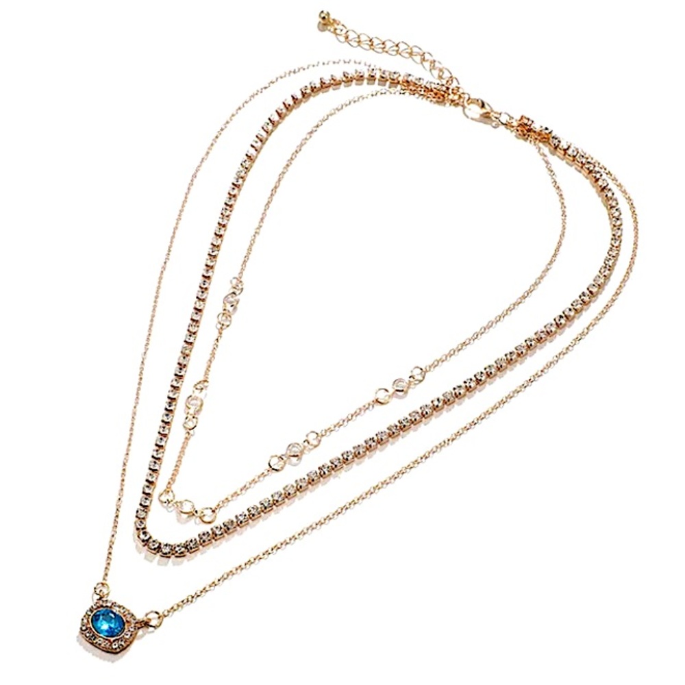 🔵𝟲𝟱%𝗢𝗙𝗙 𝗯𝘂𝗻𝗱𝗹𝗲𝘀 𝟯+🔵 NEW 3 Layered Blue Rhinestone Charm Gold Necklace - Picture 8 of 11